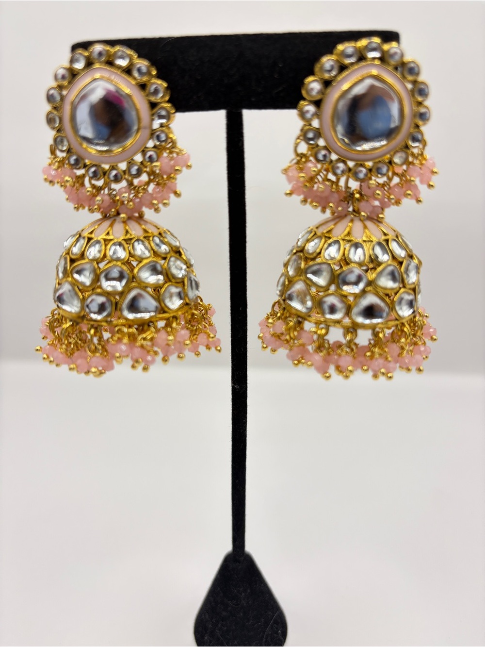 Gold Kundan Jhumka Earrings with Pink Beads - Women Jewelry